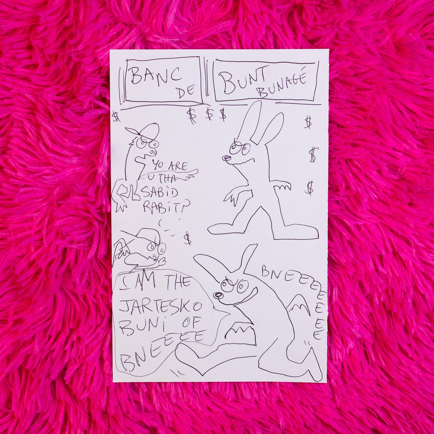 Cartoon-style drawing of a rabbit on a pink textured background