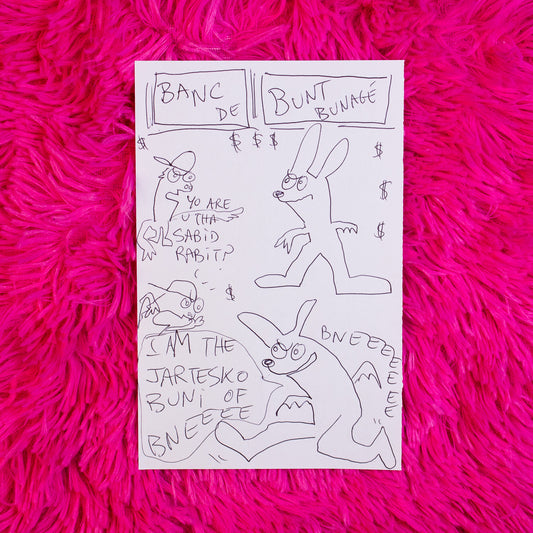 Cartoon-style drawing of a rabbit on a pink textured background